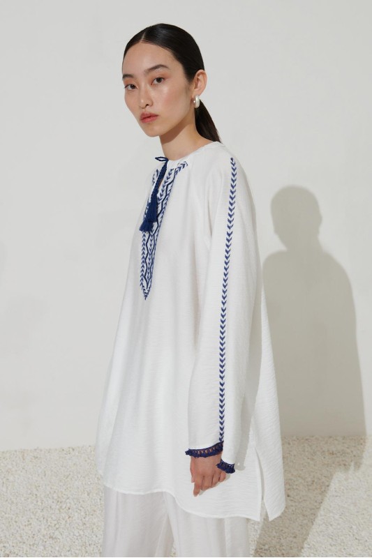 Nakışlı Rahat Kalıp Keten Gömlek Ekru