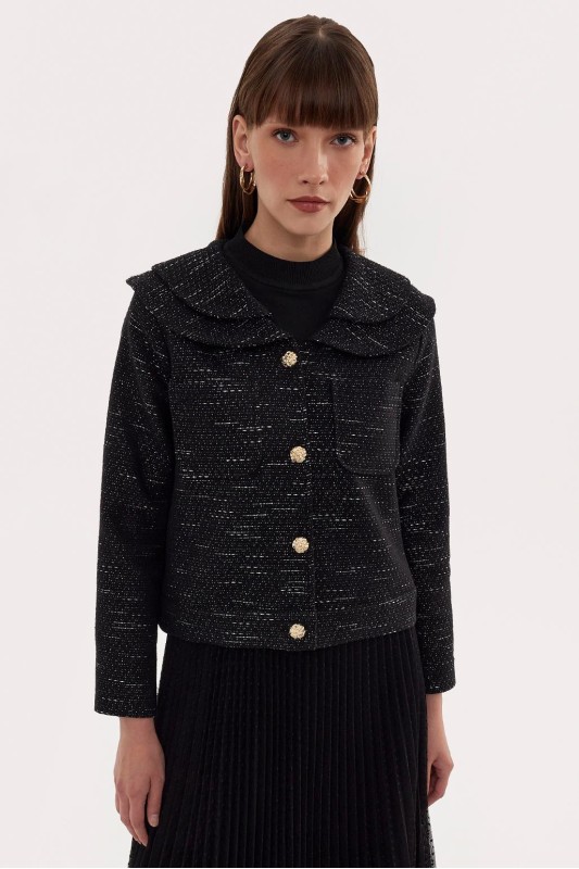 Çift Yaka Tüvit Ceket Siyah