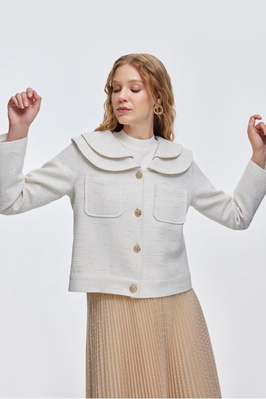 Çift Yaka Tüvit Ceket Ekru