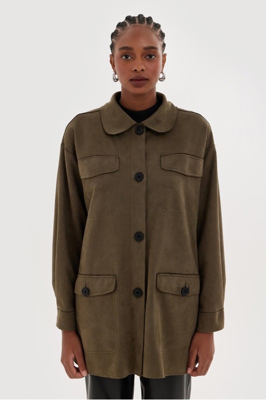 Nubuk Düğmeli Ceket Haki Yeşil