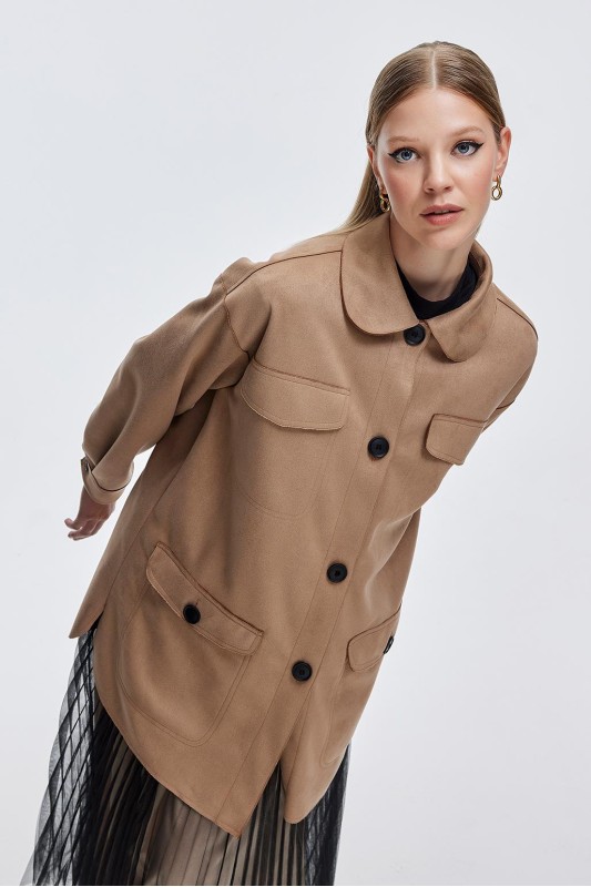 Nubuk Düğmeli Ceket Vizon