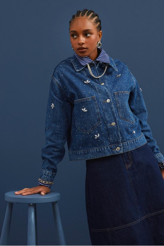 Taş İşlemeli Kot Ceket Koyu Mavi