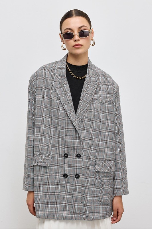 Kruvaze Oversıze Desenli Ceket Gri Kruvaze Oversıze Desenli Ceket Gri