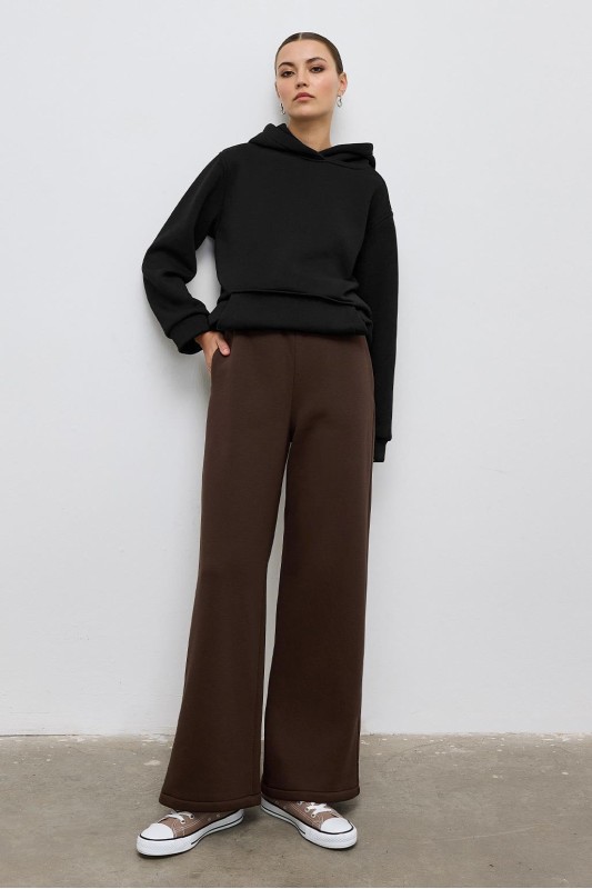 Şardonlu Düz Kesim Eşofman Acı Kahve