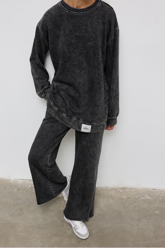 Soluk Efektli Yandan Yırtmaçlı Pantolon Gri