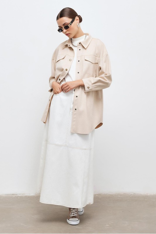 Kloş Dikişli Kot Etek Ekru Kloş Dikişli Kot Etek Ekru