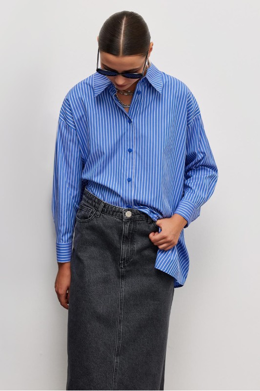 Mira Çizgili Basic Gömlek İndigo Mira Çizgili Basic Gömlek İndigo
