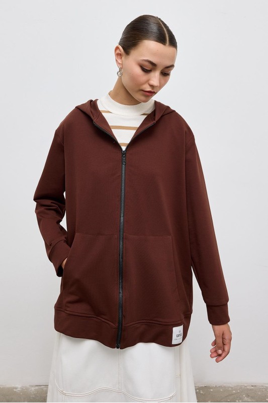 İki İplik Kapüşonlu Hırka Kahve