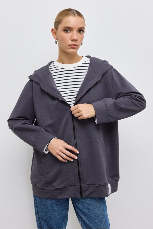 İki İplik Kapüşonlu Hırka Füme