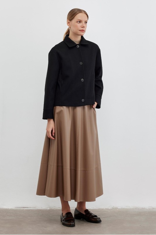 Deri Kloş Etek Vizon