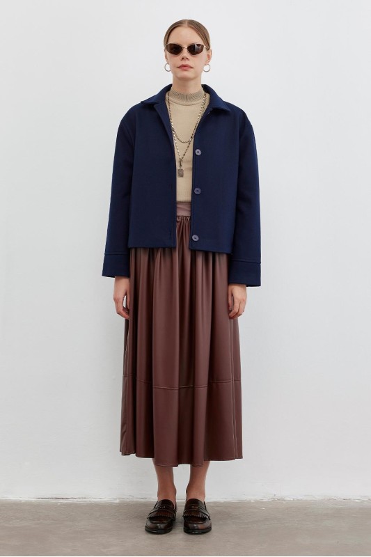 Büzgülü Yumuşak Deri Etek Acı Kahve