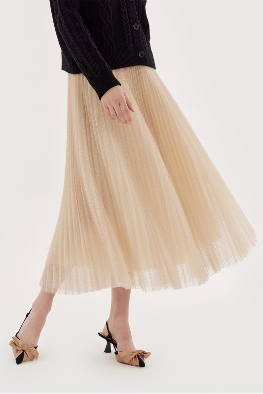 Desenli Tül Pilise Etek Bej