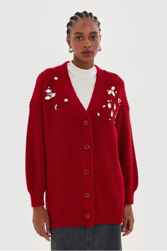 Taş İşlemeli Balon Kol Triko Hırka Bordo