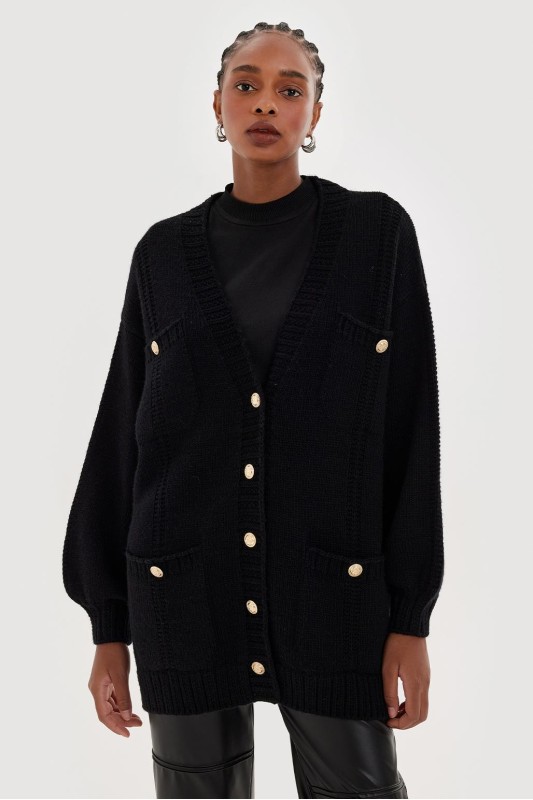 Gold Düğmeli Triko Hırka Siyah