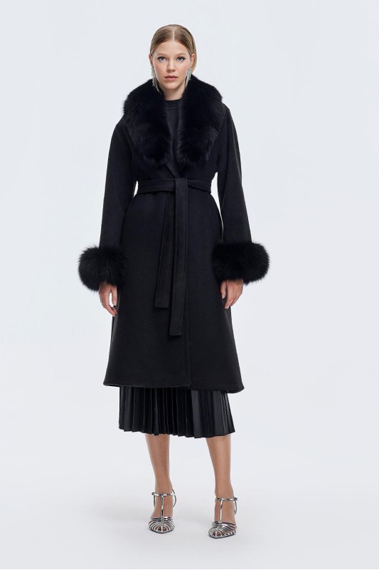 Şal Yaka Kürk Kaşe Kaban Siyah