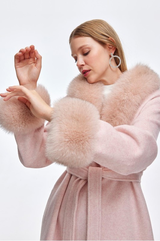 Şal Yaka Kürk Kaşe Kaban Pembe