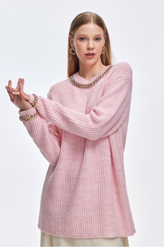 Zincir İşleme Detaylı Triko Kazak Pembe