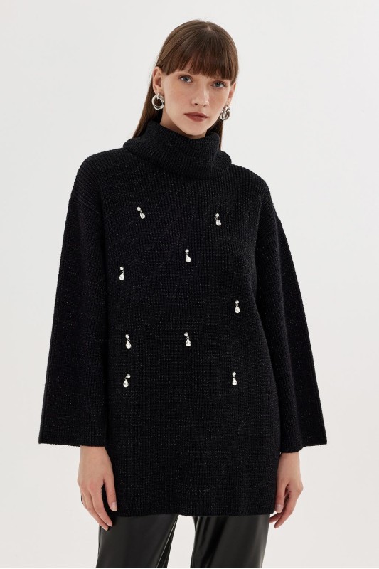 Simli Taş İşlemeli Triko Kazak Siyah