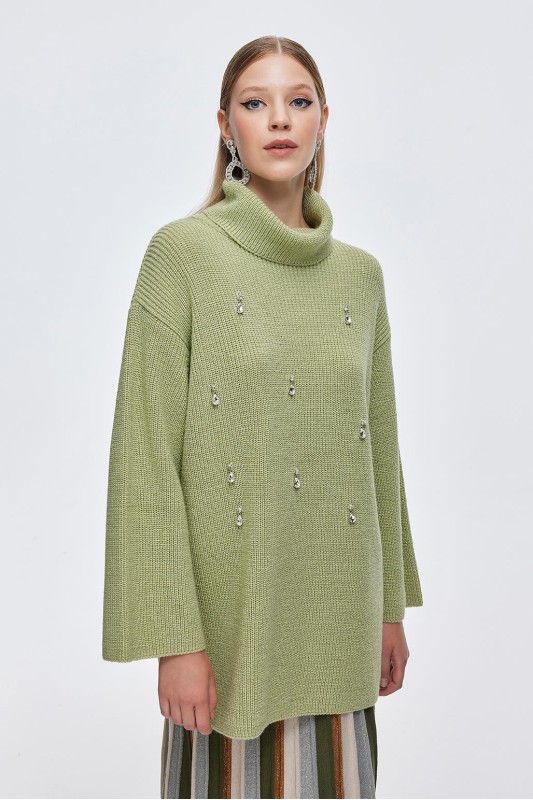 Simli Taş İşlemeli Triko Kazak Çağla Yeşili