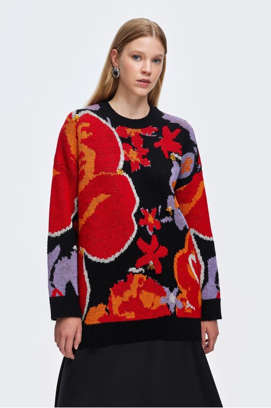 İşlemeli Triko Kazak Desenli İşlemeli Triko Kazak Desenli