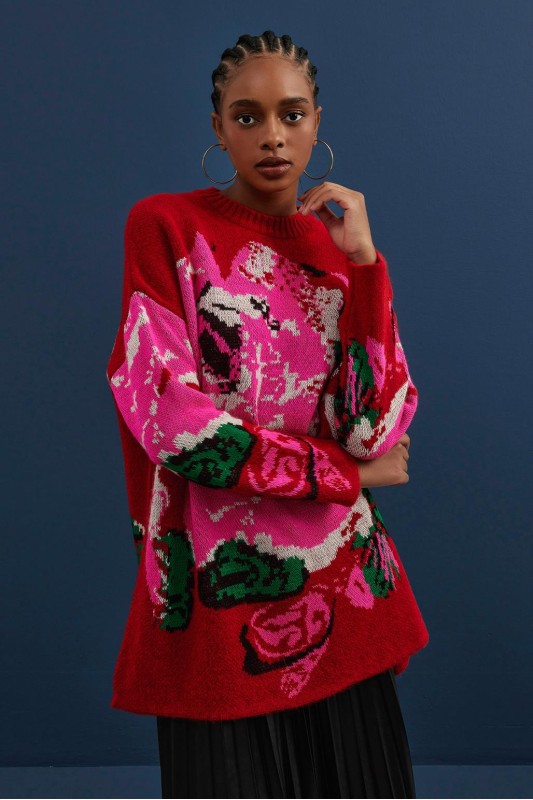 Desenli Triko Kazak Kırmızı