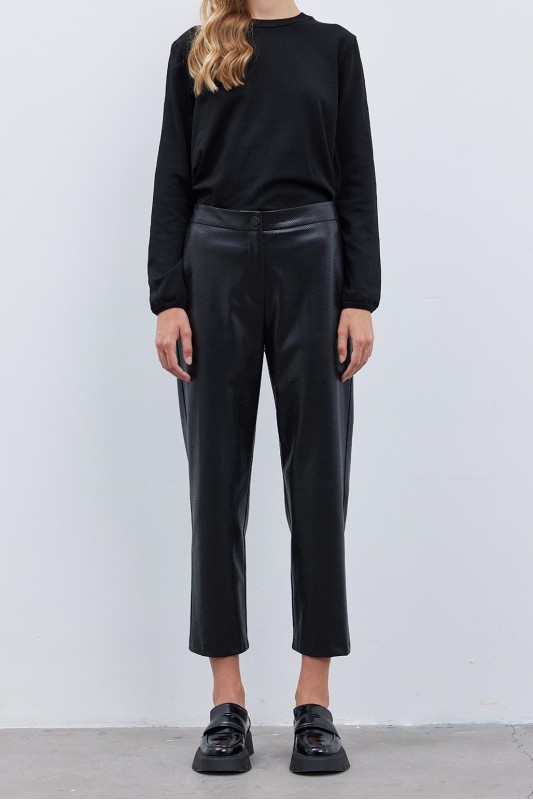 Torina Desenli Deri Pantolon Siyah