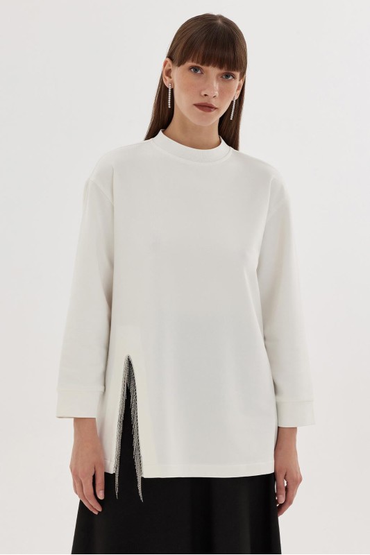 Yırtmaç Taşlı Örme Sweatshirt Ekru