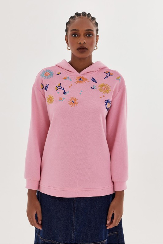 Çiçek Nakışlı Sweatshirt Pembe