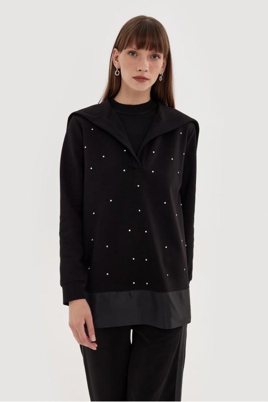 Geniş Yakalı Taşlı Sweat Pantolon Takım Siyah