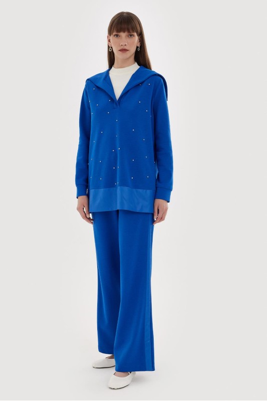 Geniş Yakalı Taşlı Sweat Pantolon Takım Saks