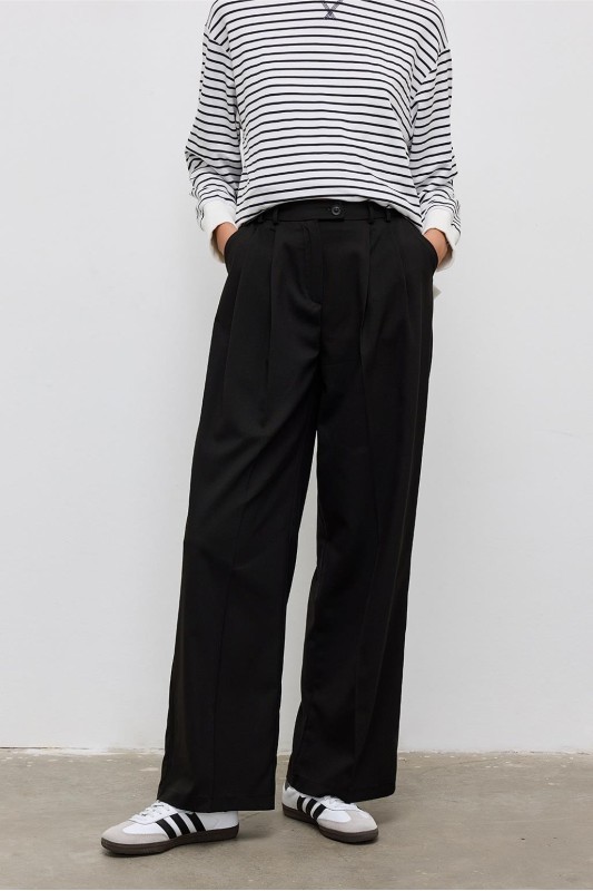 Yüksek Bel Pileli Palazzo Pantolon Siyah