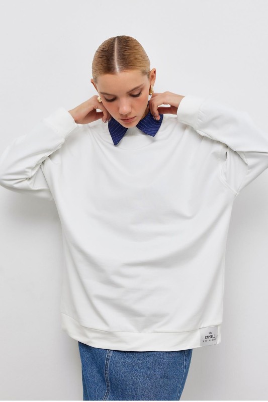 Basic Örme Sweatshirt Ekru
