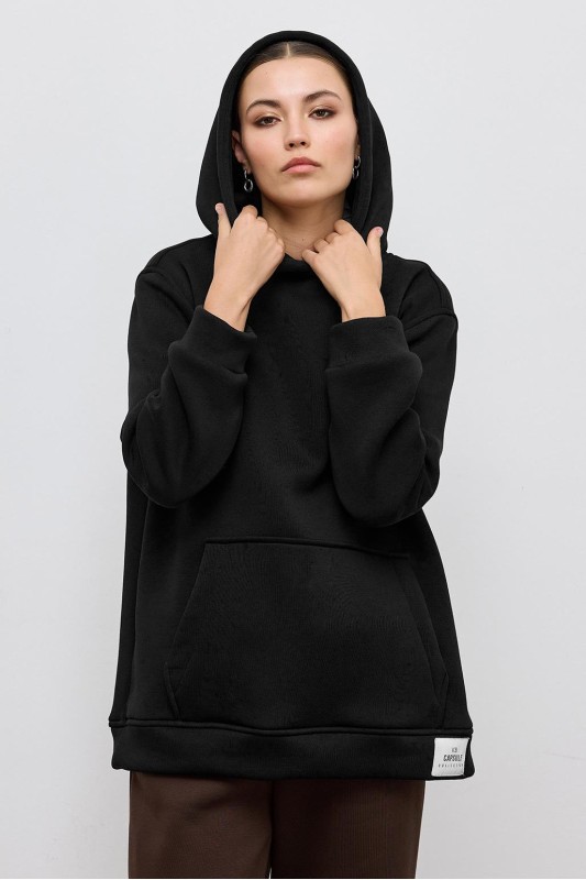 Cepli Şardonlu Hoodie Sweatshirt Siyah