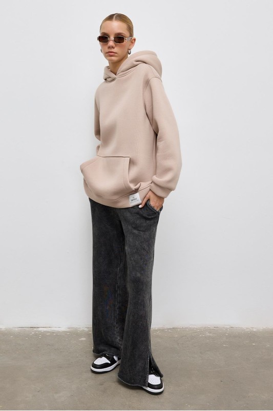 Cepli Şardonlu Hoodie Sweatshirt Bej