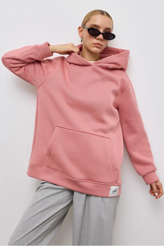 Cepli Şardonlu Hoodie Sweatshirt Mercan