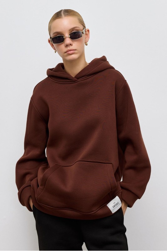 Cepli Şardonlu Hoodie Sweatshirt Acı Kahve
