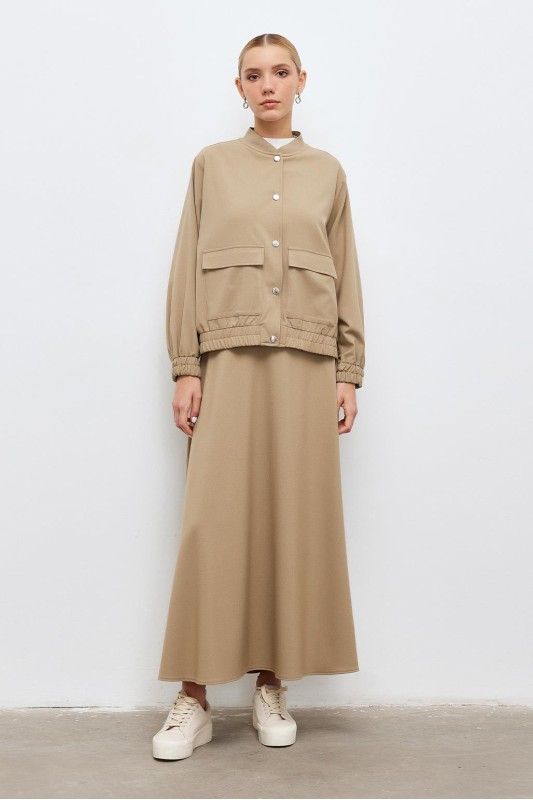 Geniş Cepli Bomber Ceket Etek Takım Vizon