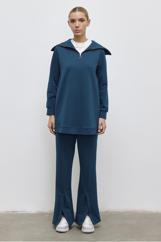 Geniş Yaka Tunik Yırtmaçlı Pantolon Takım Yeşil