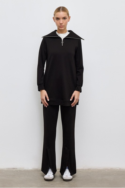 Geniş Yakalı Örme Tunik Pantolon Takım Siyah