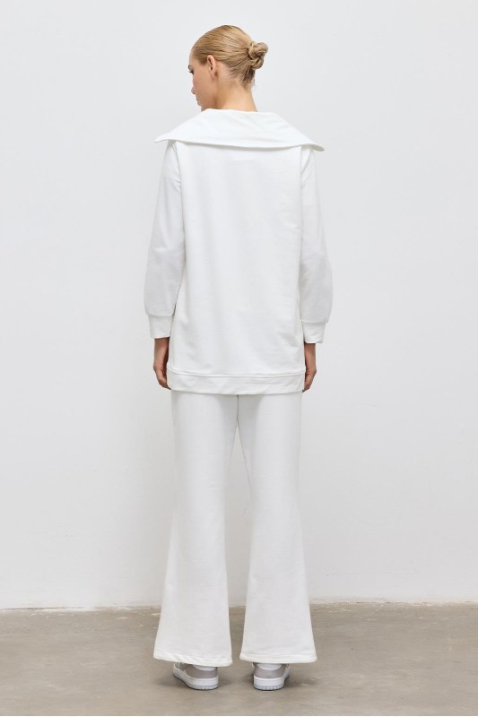 Geniş Yakalı Örme Tunik Pantolon Takım Ekru