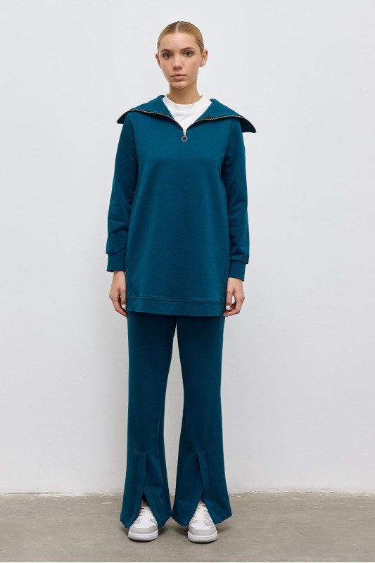 Geniş Yakalı Örme Tunik Pantolon Takım Petrol Mavisi