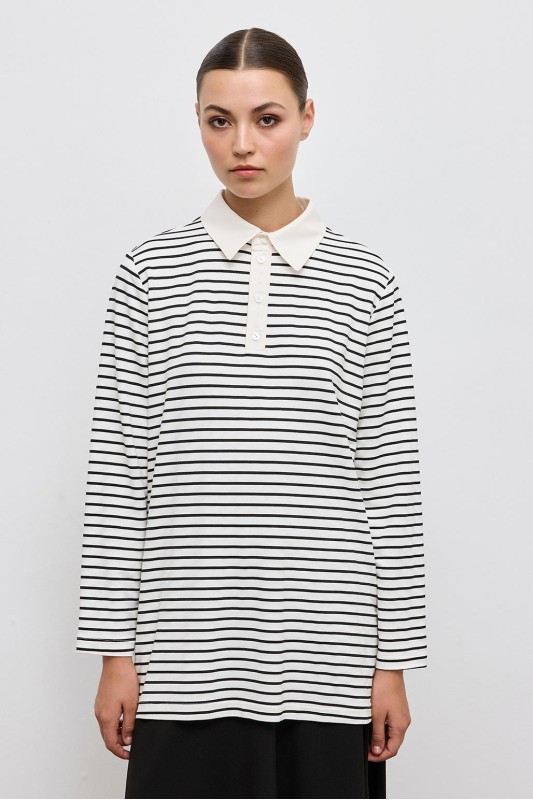 Çizgili Düz Kesim Tunik Siyah