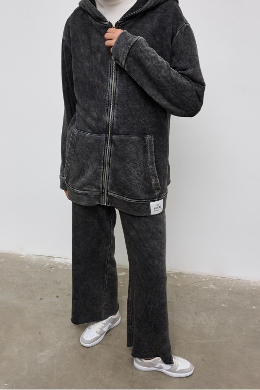 Soluk Efektli Kapüşonlu Hırka Antrasit