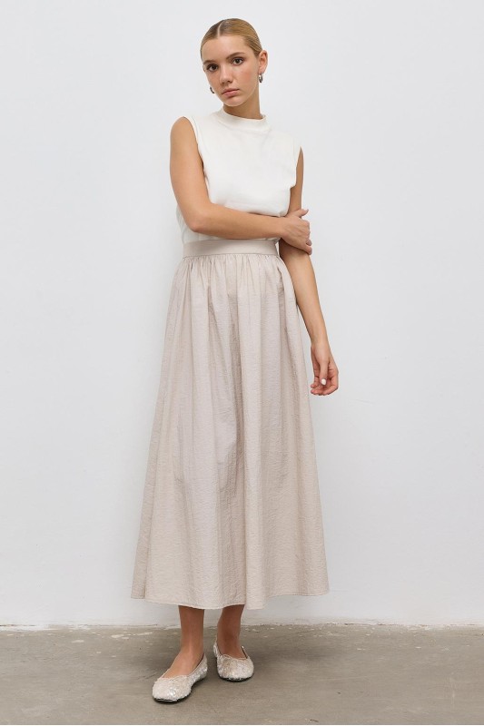 Büzgülü Kloş Etek Bej