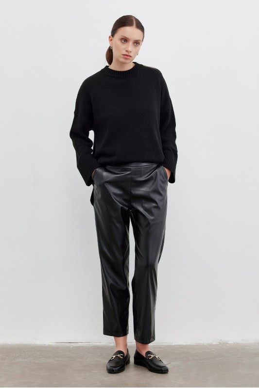 Deri Düz Kesim Pantolon Siyah