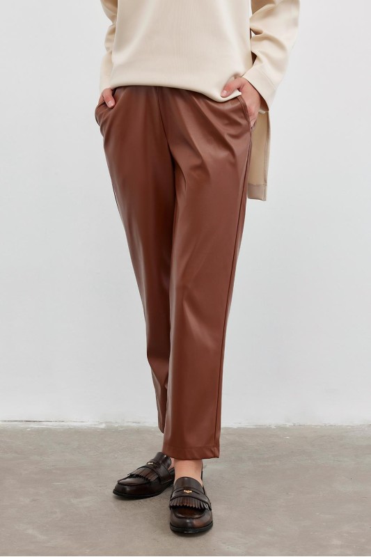 Deri Düz Kesim Pantolon Taba