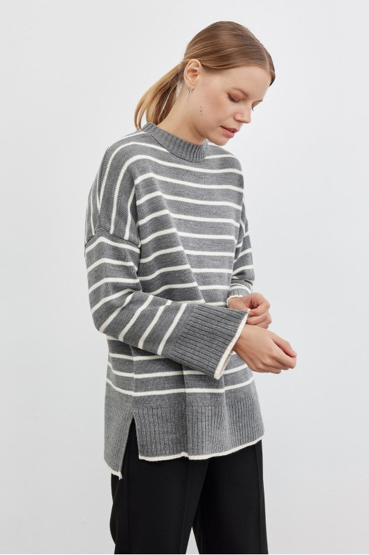 Çizgili Yırtmaçlı Triko Kazak Antrasit