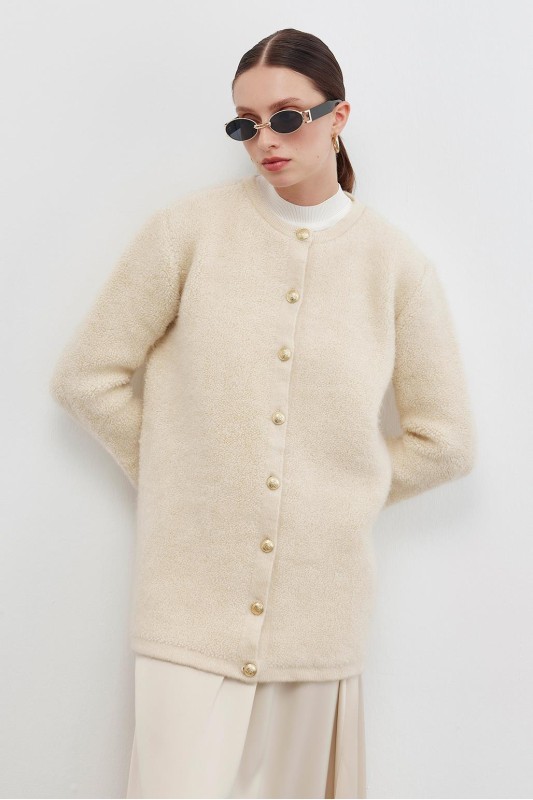 Kalın Buklet Triko Ceket Hırka Ekru