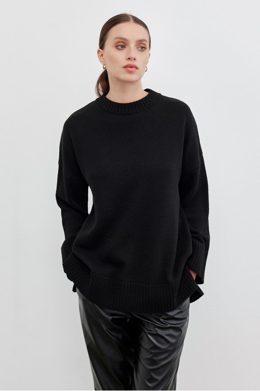 Yırtmaçlı Triko Kazak Siyah