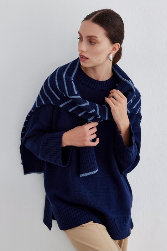 Yırtmaçlı Triko Kazak Lacivert